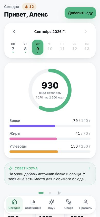Главный экран ByteFit: калории, БЖУ и приёмы пищи