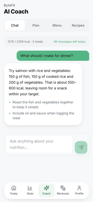 ByteFit AI coach: chat, plan, menu and recipes