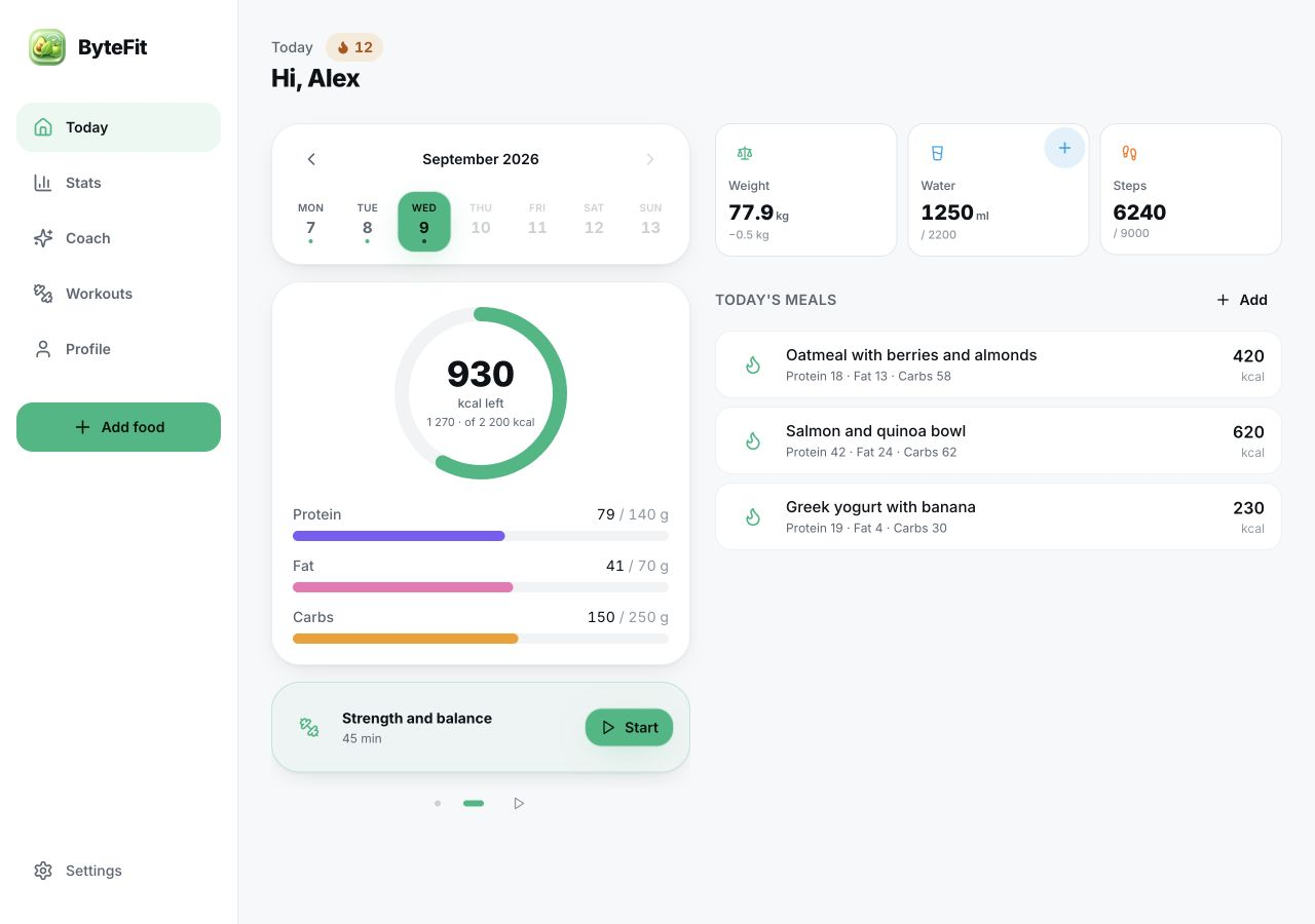 ByteFit diary on a computer: calories, macros and meals