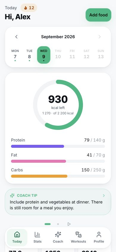 ByteFit home screen: calories, macros and meals