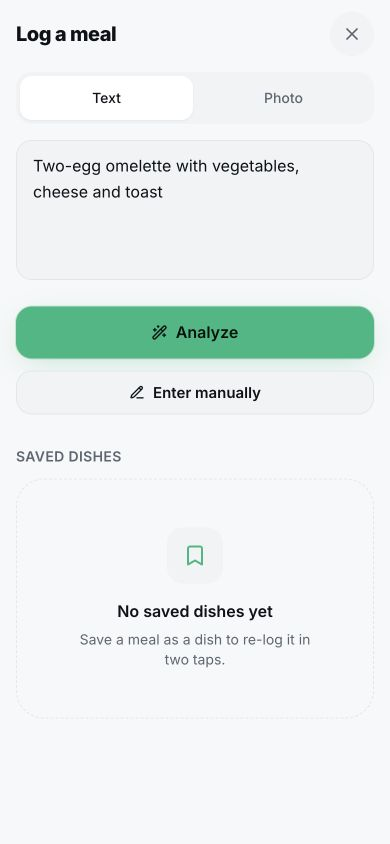 ByteFit food logging screen: photo, voice or text