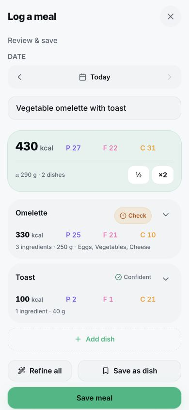 ByteFit review screen: meal ingredients and calories