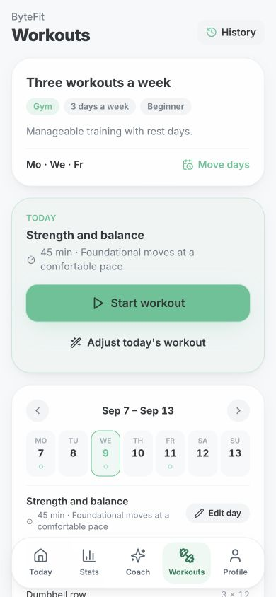Workouts screen: an AI plan for your goal, experience and equipment
